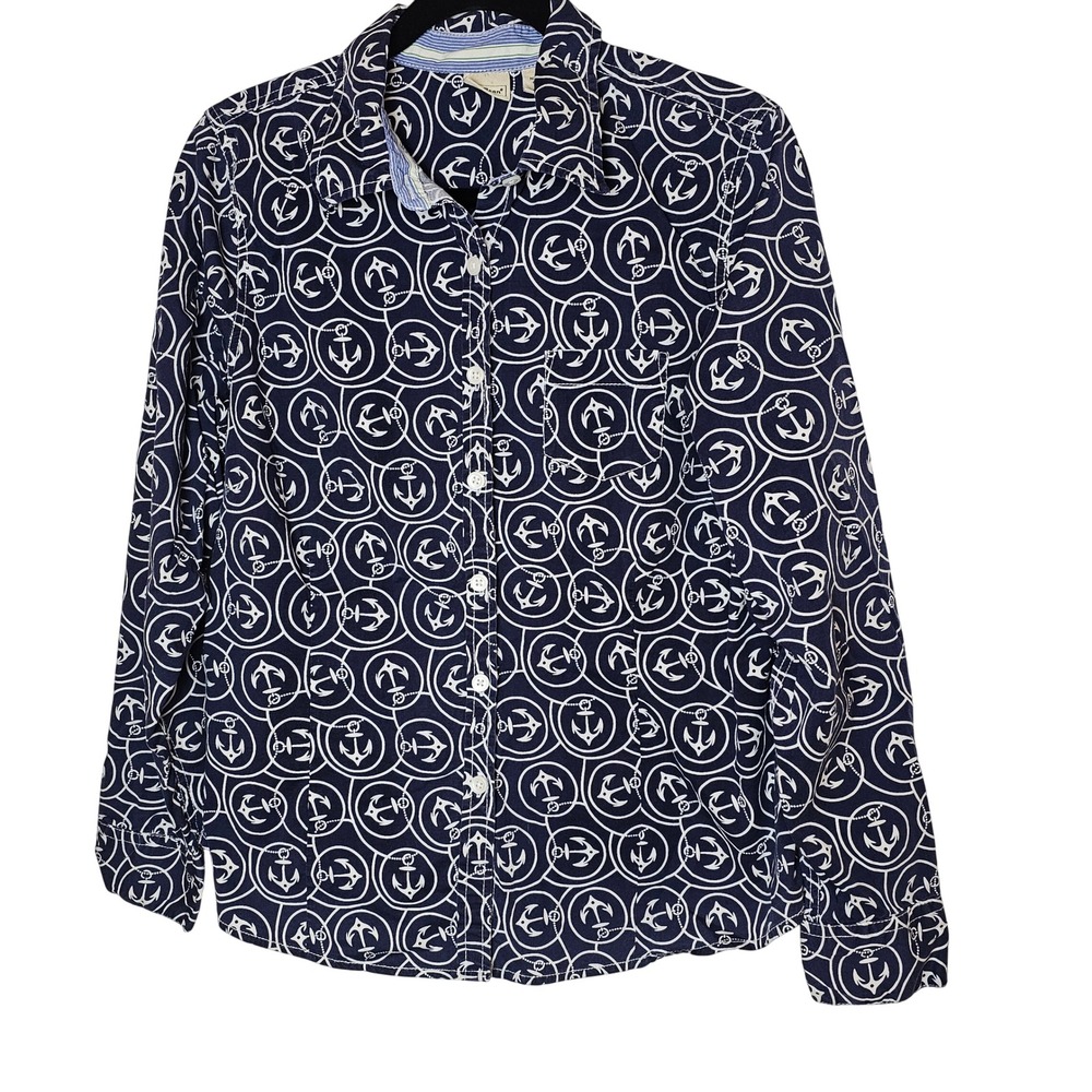 LL Bean Womens Large Regular Navy Blue White Anchor Print Button Down Shirt